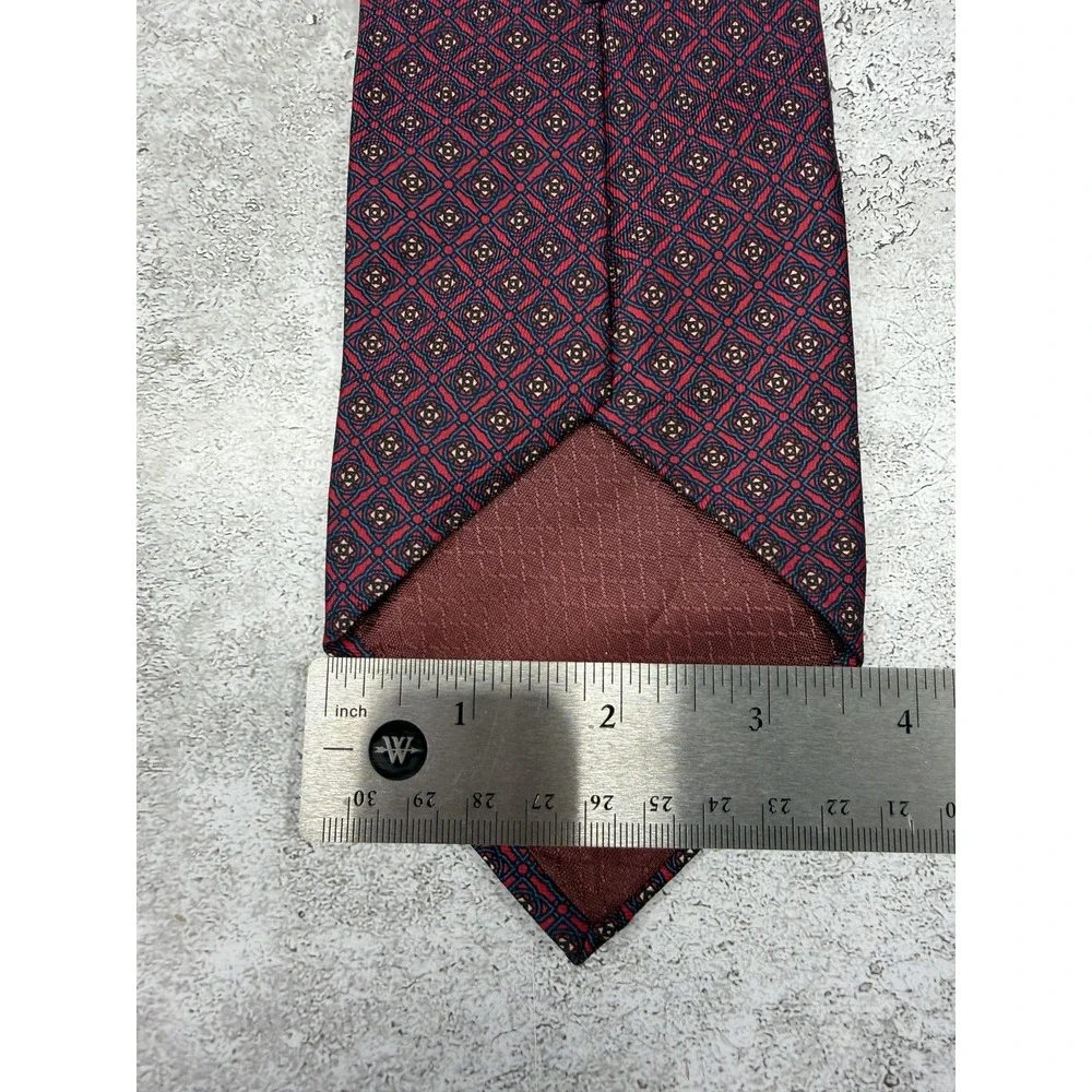 Christian Dior Tie Mens One Size Red Geometric 100% Silk Jacquard Logo Medallion